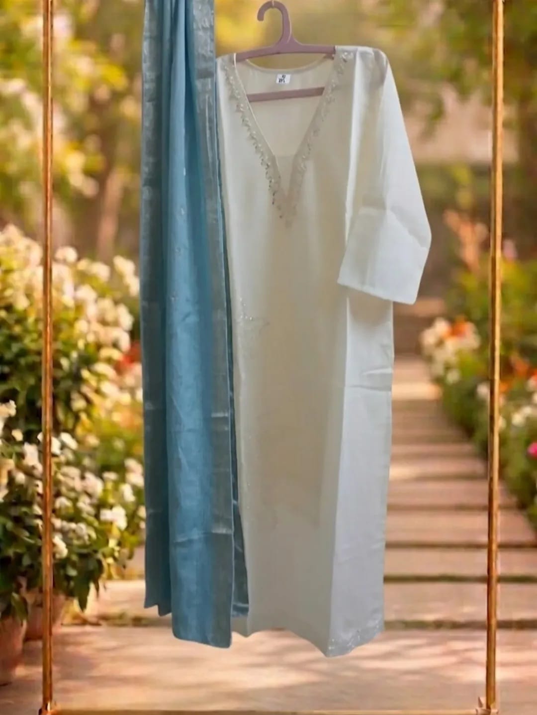 White Cotton Kurta Set with Full Size Blue Dupatta.(3 Piece Suit)