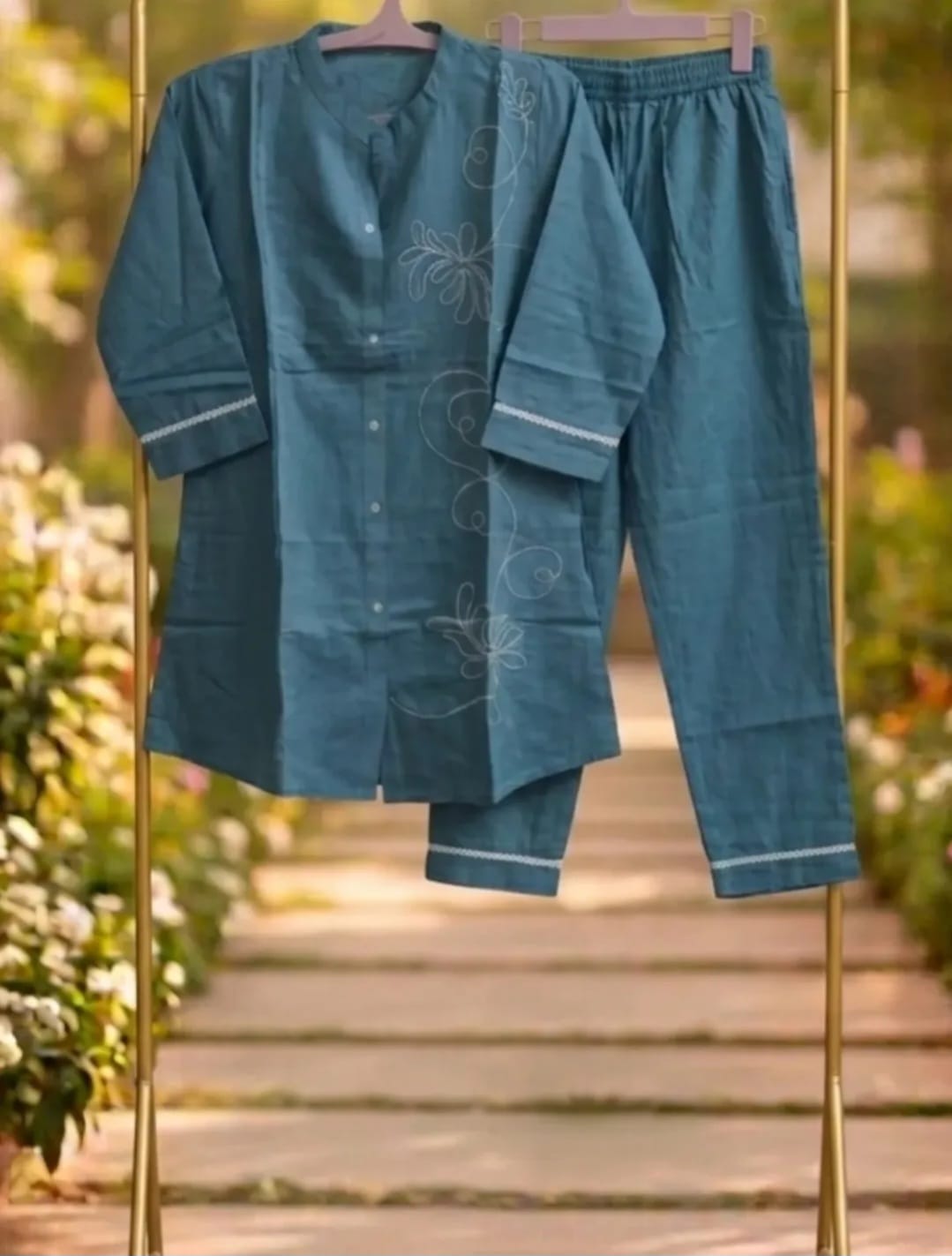 Dusty Blue Cotton Embroidered Cordset.