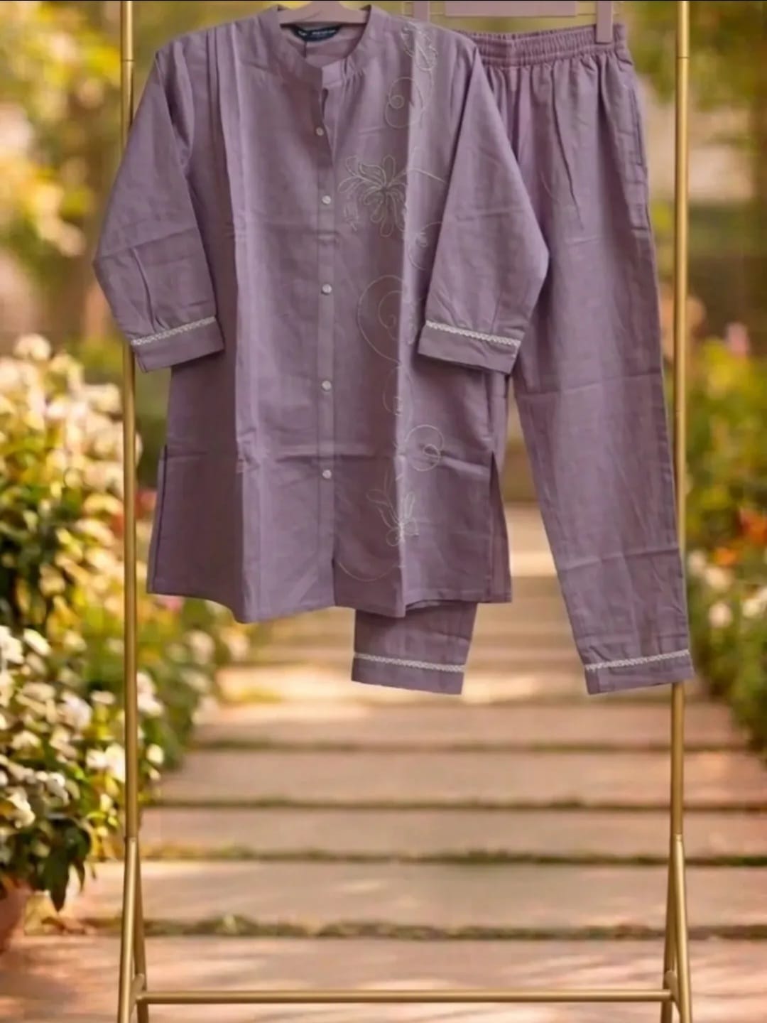 Lavender Mauve Cotton Embroidered Cordset.