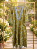 Olive Green Floral Printed Cotton Kurta with White Lace V Neck.( 3 Piece Suit)