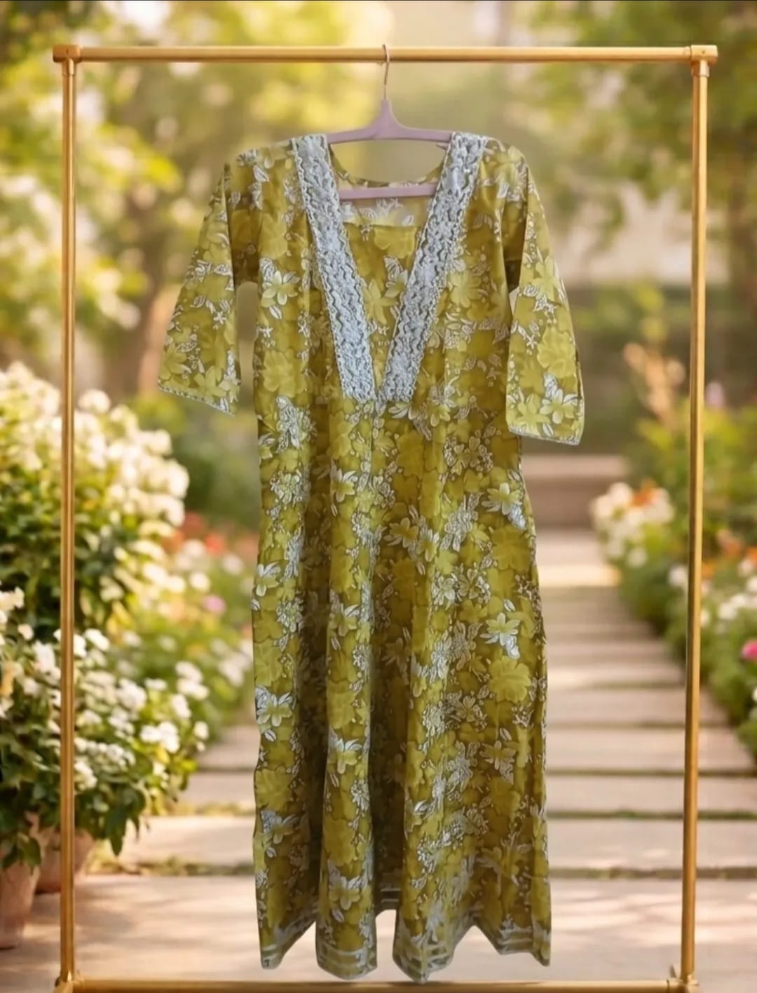 Olive Green Floral Printed Cotton Kurta with White Lace V Neck.( 3 Piece Suit)