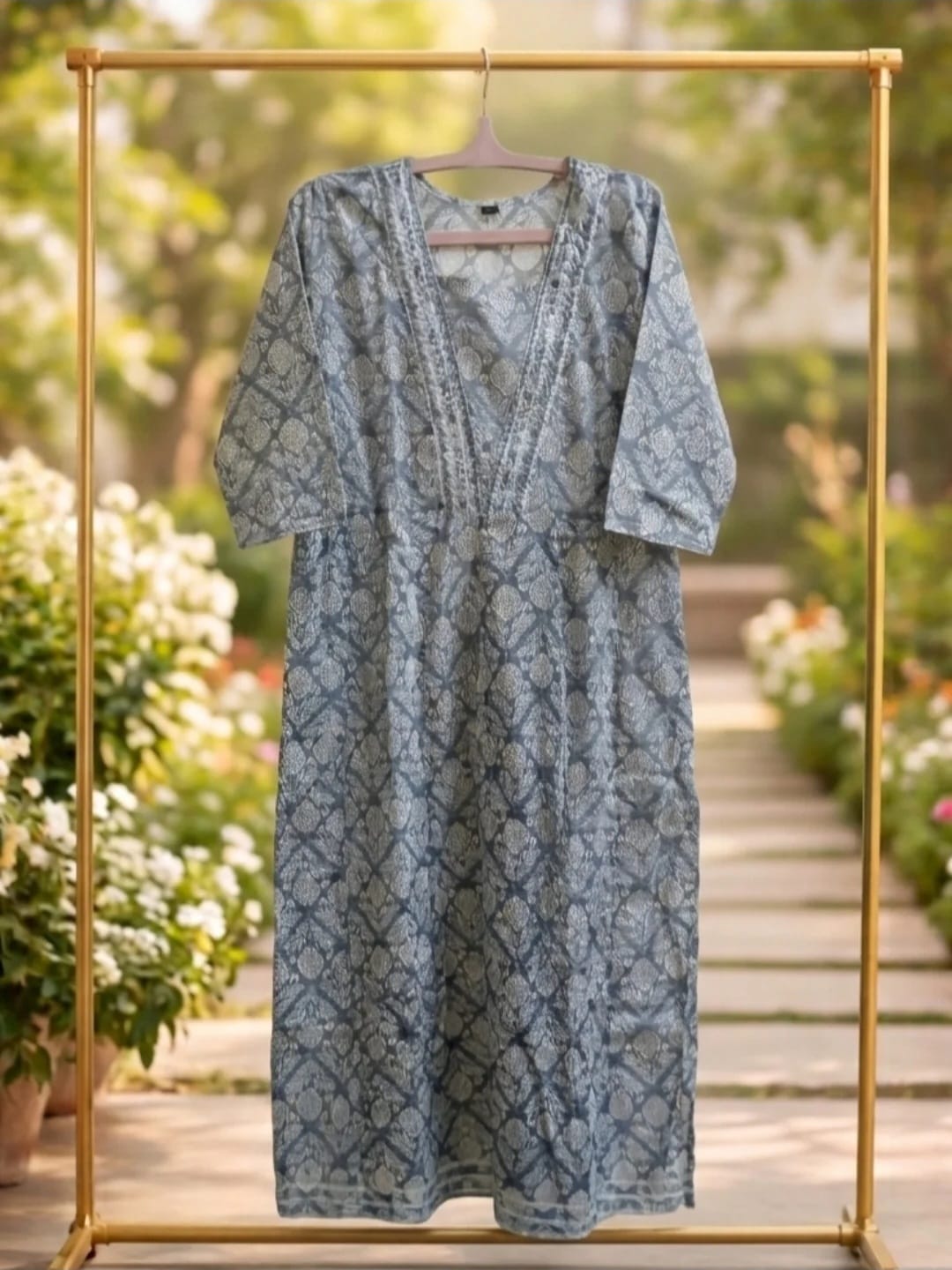 Grey with Blue Printed Cotton Kurta with V-Neck. (3 Piece Suit)