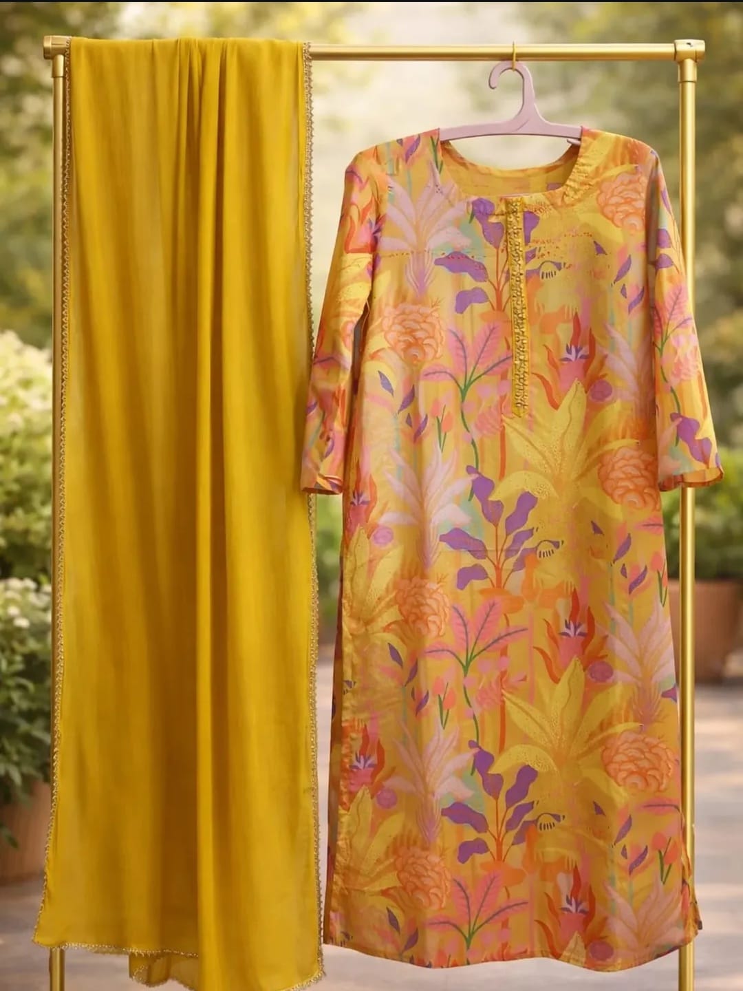Mustard Yellow Floral Printed Kurta Set (3 Piece)