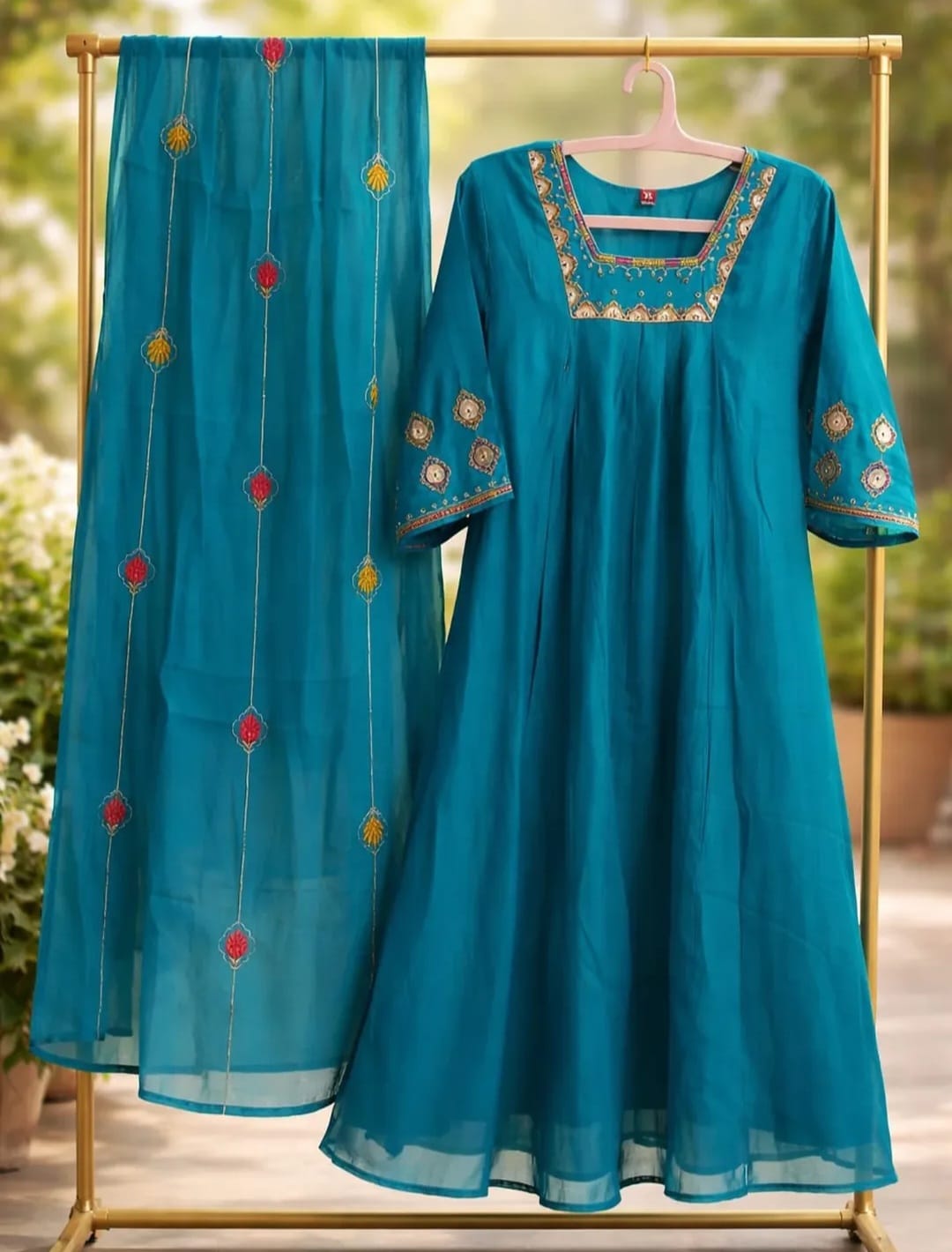 Peacock Embroidered Anarkali Kurta Set with Full Size Dupatta (3 Piece Suit)
