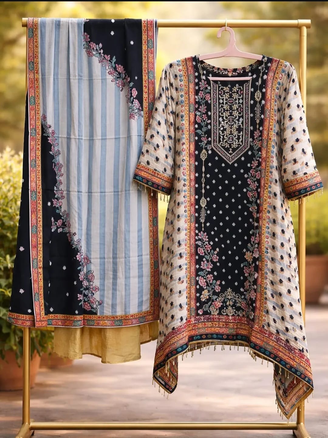 Black Floral Printed Synthetic Kurta with Stripped Dupatta (3 Piece Suit)