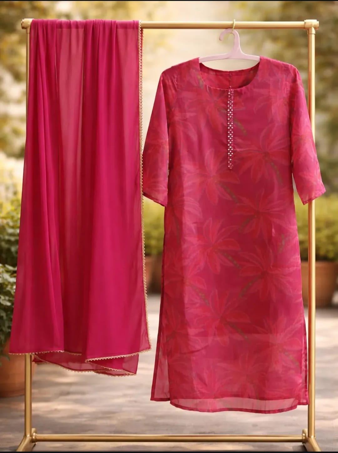Dark Pink Floral Printed Organza Kurta Set (3 Piece Suit)