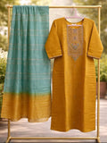Mustard Embroidered Kurta with Teal Ombre Dupatta (3 Piece Suit)